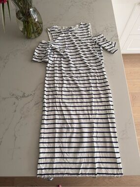Striped Cold-Shoulder Midi Dress in White and Navy